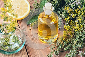 Aromatherapy with natural oil and herbs, lemon and thyme