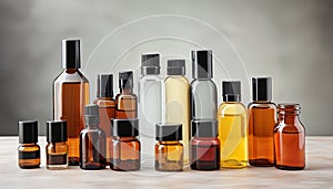 Aromatherapy oil collection in glass bottles promotes healthy lifestyles generated by AI