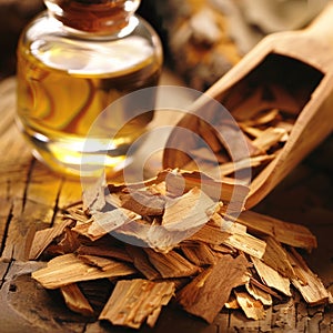 Aromatherapy oil in a small bottle on a wooden background.