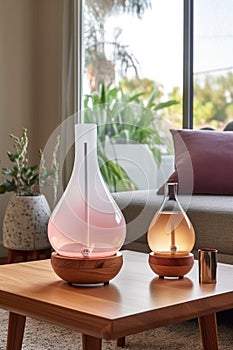 aromatherapy oils and diffuser in a serene setting