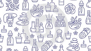 Aromatherapy seamless pattern with vector flat line icons. Essential oil vector background - diffuser, aroma candles