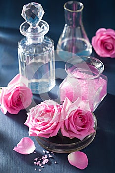 Aromatherapy set with rose flowers salt and flasks