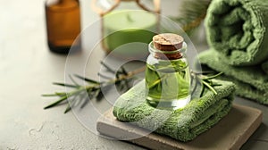 Aromatherapy spa arrangement with aromatic essential oils on sophisticated gray table