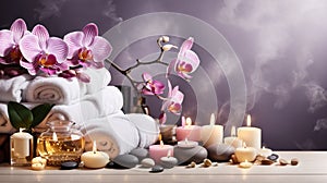 Aromatherapy, spa, beauty treatment and wellness background with massage oil, orchid flowers, towels, cosmetic products