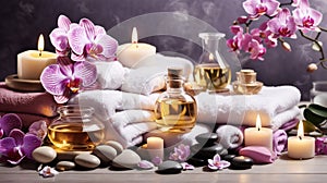 Aromatherapy, spa, beauty treatment and wellness background with massage oil, orchid flowers, towels, cosmetic products