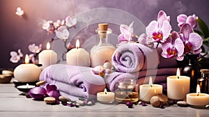 Aromatherapy, spa, beauty treatment and wellness background with massage oil, orchid flowers, towels, cosmetic products