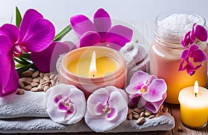 Aromatherapy, spa, beauty treatment and wellness background with massage pebbles orchid flowers, towels,