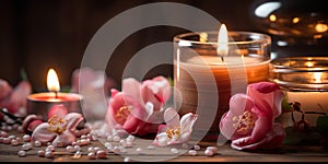 aromatherapy ,spa massage salonromantic spa cozy atmosfear candle blurred light pink flowers relaxing salon background
