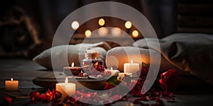 aromatherapy ,spa massage salonromantic spa cozy atmosfear candle blurred light pink flowers relaxing salon background