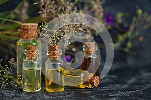 Aromatherapy, spa, massage, skin care and alternative medicine concept. Herbal essential oils in glass bottles