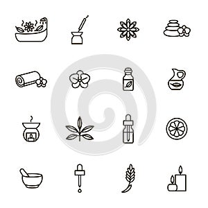 Aromatherapy and Spa Signs Black Thin Line Icon Set. Vector
