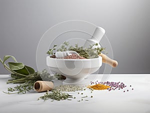 Aromatherapy spa with various herbs and spices in a white mortar and pestle