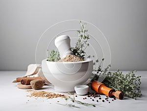 Aromatherapy spa with various herbs and spices in a white mortar and pestle