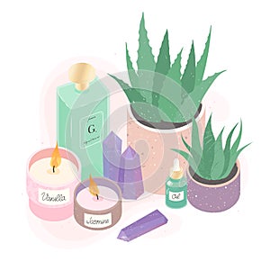 Aromatherapy,wellness and ralax design elements.Home fragrances,cute hygge home decoration