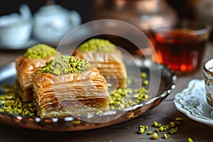 Aromatic Baklava arabian dessert pistachio. Generate Ai