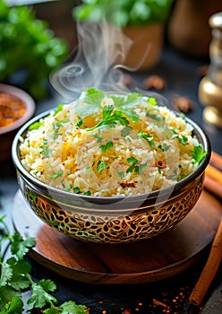 Aromatic Basmati Rice in Ornate Bowl with Herbs and Spices