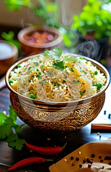 Aromatic Basmati Rice in Ornate Bowl with Herbs and Spices photo