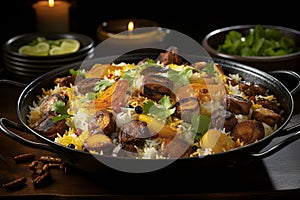 Aromatic Biryani with flavorful rice, succulent meat, vibrant garnishes, rich colors and visual appeal