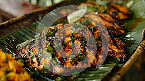 An aromatic blend of herbs and es adorn the plate of grilled chicken served on a large banana leaf photo