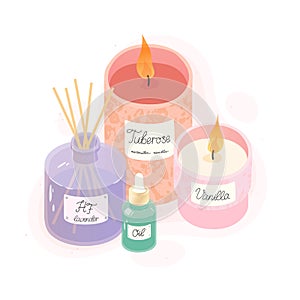 Aromatic candles,deffuser and essential oil vector illustration set