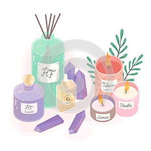 Aromatic candles,deffuser,oil,perfume and amethyst crystals vector illustration set