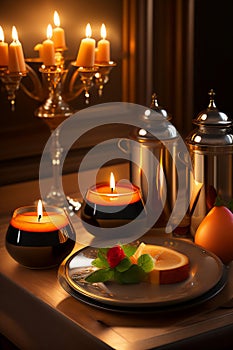 Aromatic candles lit, decorating and brightening the sophisticated environment. Generative AI_36