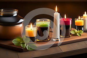 Aromatic candles lit, decorating and brightening the sophisticated environment. Generative AI_36