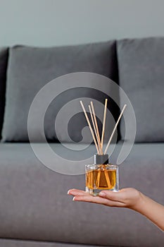 Aromatic cane air freshener woman holding in hand on room background. Aroma diffuser. Home air freshener.