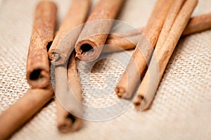 Aromatic cinnamon sticks detail macro closeup