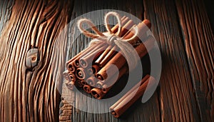 Aromatic Cinnamon Sticks on Rustic Wooden Background, AI Generated