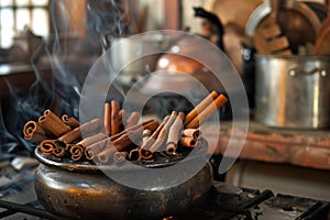 Aromatic cinnamon sticks on vintage stovetop photo