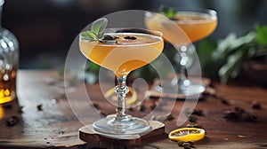 Aromatic cocktail with mint garnish on a wooden bar top