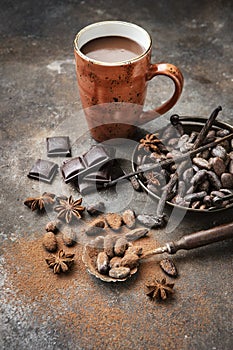 Aromatic cocoa drink in ceramic mug on stone background