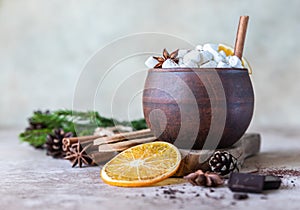 Aromatic cocoa drink or hot chocolate with spices, marshmallow, dry oranges and chocolate pieces with fir branches and cones.