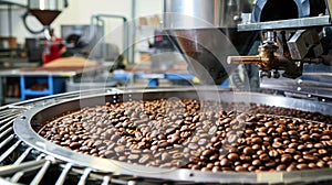 Aromatic coffee beans roasting on modern machine for rich, freshly brewed coffee