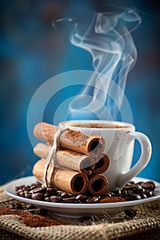 Aromatic coffee cup with steaming cinnamon and roasted coffee beans for a fragrant experience