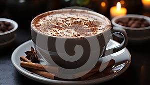 Aromatic coffee, frothy cappuccino, hot chocolate, gourmet dessert, scented relaxation generated by AI photo
