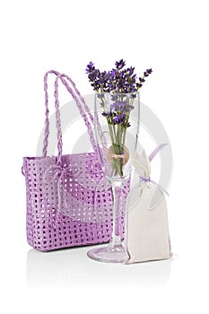 Aromatic collection: lavender flower in a glass, aroma bag with lavender flowers, bag