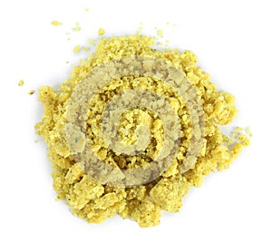Aromatic crumbled bouillon cube on white background, top view