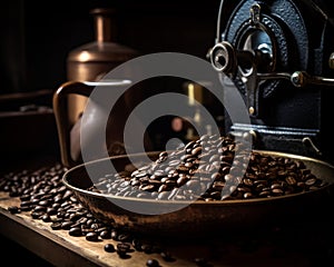 Aromatic Delight: A Bowl of Freshly Roasted Coffee Beans on a Rustic Wooden Table