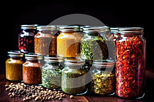 Aromatic Delights: A Close-Up of Assorted Spices in Glass Jars on a Black Background