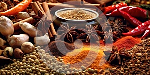 Aromatic Delights Closeup of Spices and Foods Infusing Flavors. Generative AI