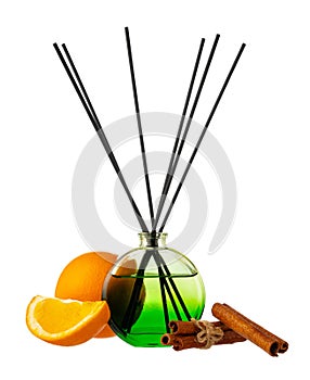 Aromatic diffuser with orange and cinnamon scent on white background