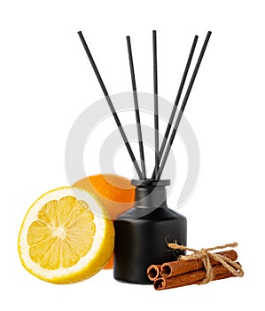 Aromatic diffuser with orange and cinnamon scent on white background