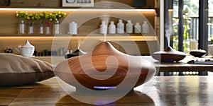 Aromatic diffusers and aromatizers for the house, located against the background of a cozy livi