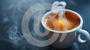 Aromatic double espresso with steam in white cup on dark background