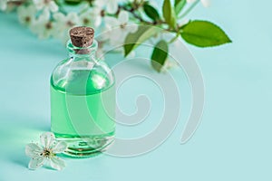 Aromatic essential oil in glass bottle and flowers on blue background. Aromatherapy and spa concept. Refreshing fragrances for
