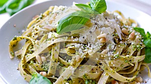 Aromatic fettuccine coated with pesto, crowned with a sprig of basil, pine nuts, and delicate Parmesan flakes for a