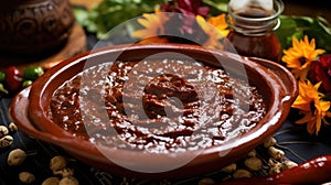 Aromatic and fluffy Mexican mole - a traditional sauce based on chocolate