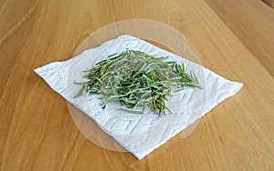 Aromatic Fresh rosemary drying on a paper towel